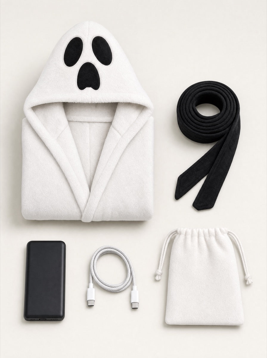 Robe, belt, power bank, cable and storage pouch